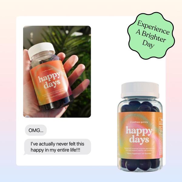 A 1:1 square ad creative featuring a customer testimonial about a wellness gummy product, utilizing a simple text-message style to drive social proof.